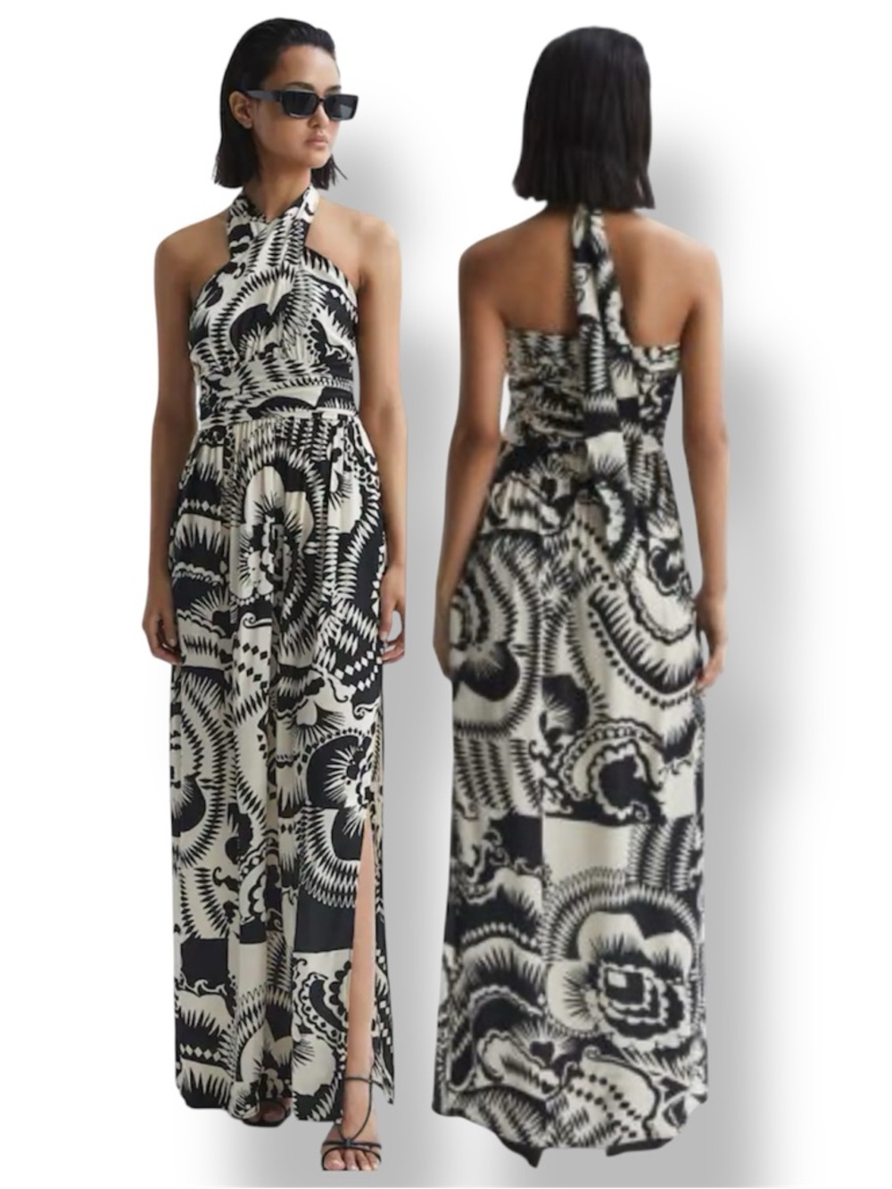 REISS NWT ITALIAN FABRIC HALLIE PRINTED HALTER NECK MAXI DRESS IN BLACK/WHITE 12